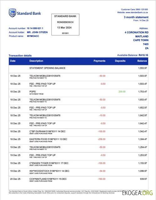 Afrique du Sud Relevé bancaire de la Standard Bank Rondebosch Modèle Word et PDF